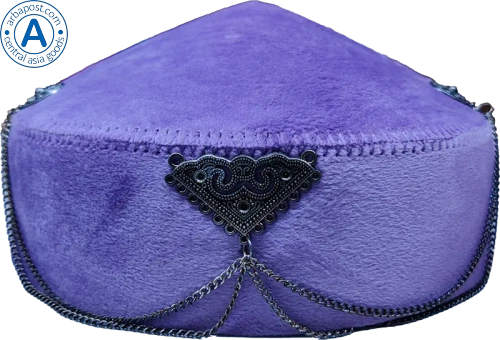 Altyn Adam cap made of velvet, short, violet with triangular metal pattern photo 4