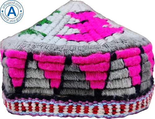 Altyn Adam cap made of combined fabric, short, grey with rose-green pattern