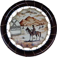 Zhibek Zholy picture made of leather, round, yurt and man on horse