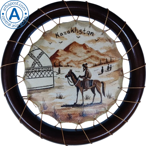 Zhibek Zholy picture made of leather, round, yurt and man on horse