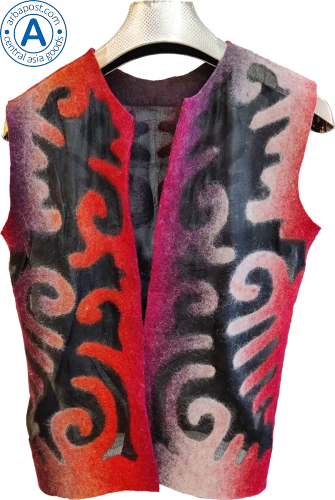 Altyn Adam vest made of felt and silk, short, red with black pattern