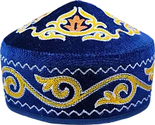 Altyn Adam cap made of velvet, short, blue with white-yellow-orange pattern