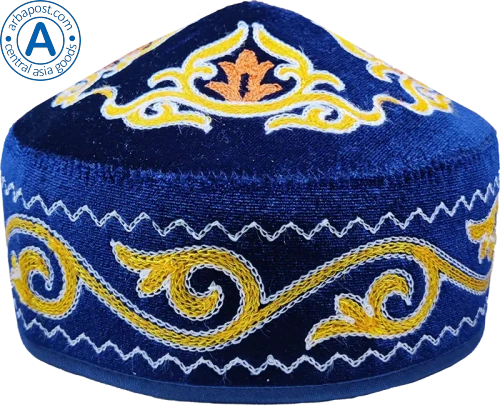 Altyn Adam cap made of velvet, short, blue with white-yellow-orange pattern