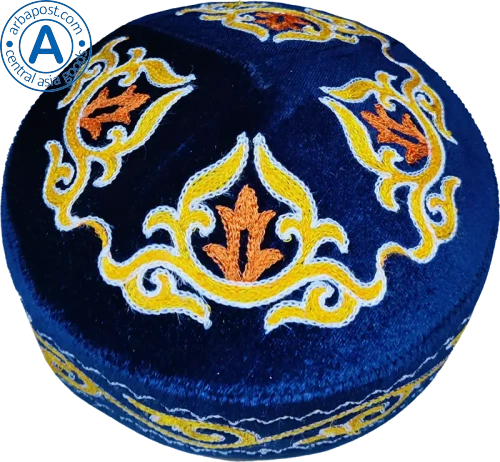Altyn Adam cap made of velvet, short, blue with white-yellow-orange pattern photo 2