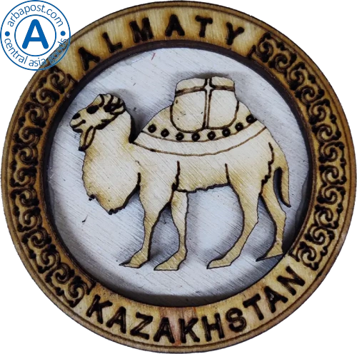 Altyn Adam magnet, Almaty, round, wood, camel
