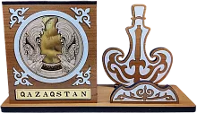 Altyn Adam figure made of wood, coat of arms and flask, brown