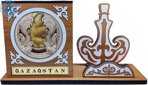 Altyn Adam figure made of wood, coat of arms and flask, brown