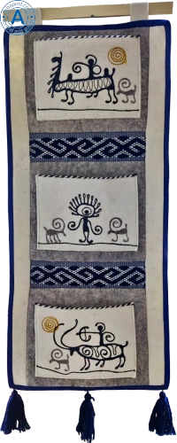 Altyn Adam picture made of felt, triple, man with bow-sun man-animals