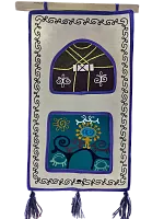Altyn Adam picture made of felt, triple, green yurt-yellow man on blue background