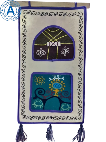 Altyn Adam picture made of felt, triple, green yurt-yellow man on blue background