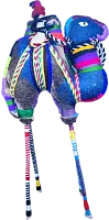 Zhibek Zholy camel with human made of felt, blue with black-orange-red stripes