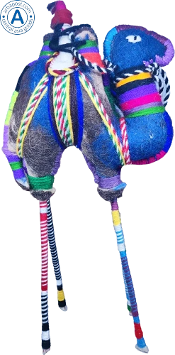 Zhibek Zholy camel with human made of felt, blue with black-orange-red stripes
