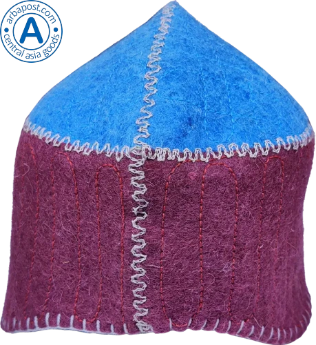 Altyn Adam cap made of felt, long, blue top-red bottom with green pattern photo 2 Altyn Adam cap made of felt, long, blue top-red bottom with green pattern photo 2