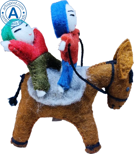 Zhibek Zholy donkey with humans made of felt, brown