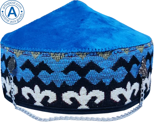 Altyn Adam cap made of velvet, short, blue with triangular metal pattern photo 2