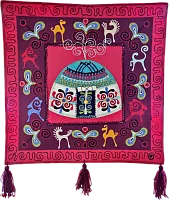 Altyn Adam picture made of felt, yurt on red background