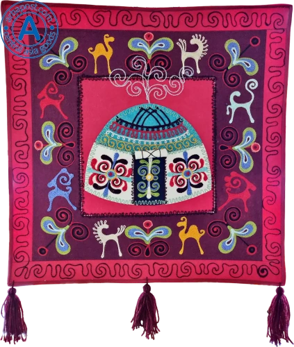 Altyn Adam picture made of felt, yurt on red background
