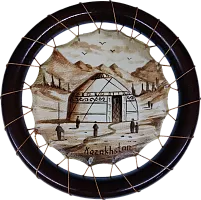 Zhibek Zholy picture made of leather, round, yurt and men