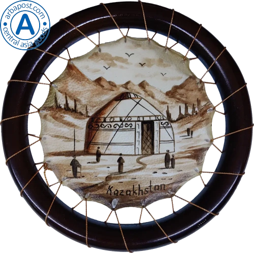 Zhibek Zholy picture made of leather, round, yurt and men