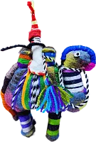 Zhibek Zholy camel with human made of felt, blue-violet with black-white stripes