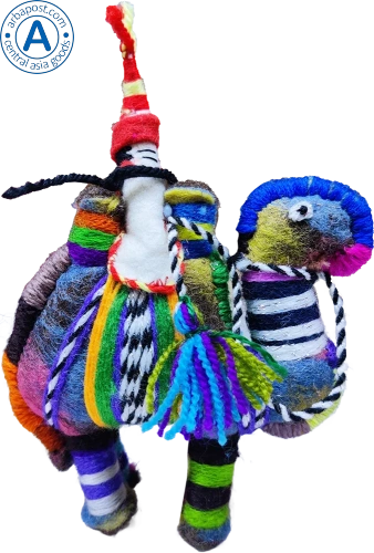 Zhibek Zholy camel with human made of felt, blue-violet with black-white stripes
