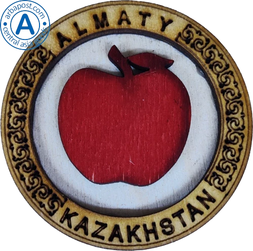 Altyn Adam magnet, Almaty, round, wood, apple