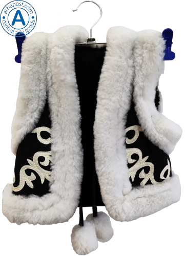 Altyn Adam children's vest made of suede and fur, black with white pattern on bottom