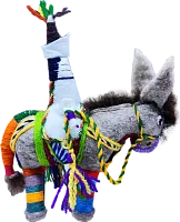 Zhibek Zholy donkey with human made of felt, grey with red-blue-green stripes