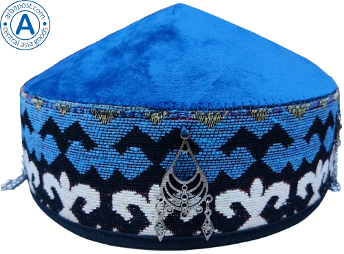 Altyn Adam cap made of velvet, short, blue with round metal pattern