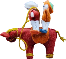 Zhibek Zholy donkey with humans made of felt, orange