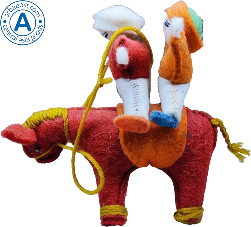 Zhibek Zholy donkey with humans made of felt, orange