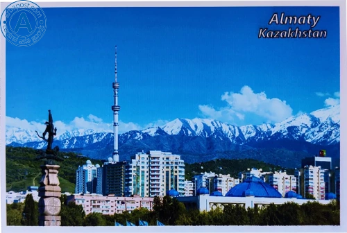 Altyn Adam postcard, Almaty, Kok tobe, buildings and mountains