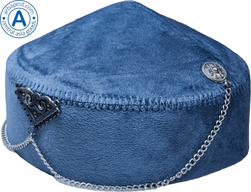 Altyn Adam cap made of velvet, short, dark blue with triangular metal pattern