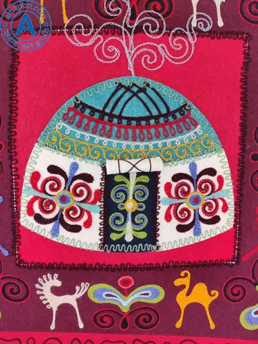 Altyn Adam picture made of felt, yurt on red background photo 2
