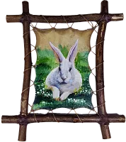 Zhibek Zholy picture made of leather, rectangular, white rabbit