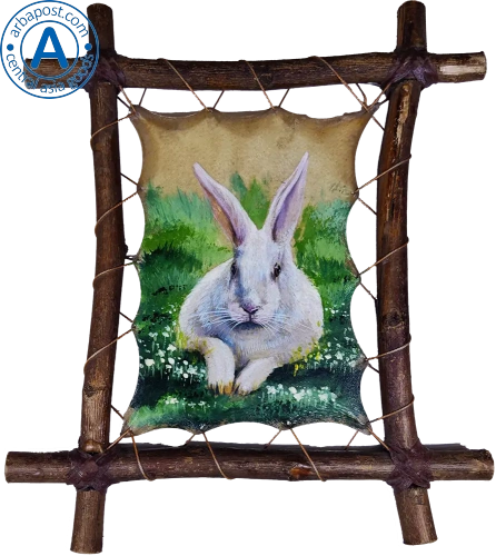 Zhibek Zholy picture made of leather, rectangular, white rabbit