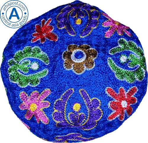 Altyn Adam cap made of combined fabric, short, blue with red-green pattern photo 2