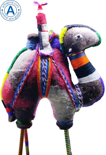Zhibek Zholy camel with human made of felt, grey-red with black-orange stripes photo 4