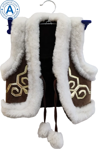 Altyn Adam children's vest made of suede and fur, brown with gold pattern