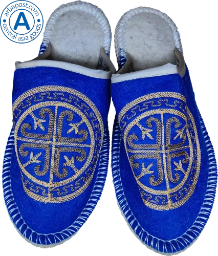 Altyn Adam slippers made of wool, round end, blue with grey pattern