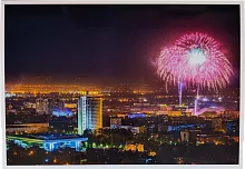 Altyn Adam postcard, Almaty, Kazakhstan hotel and fireworks
