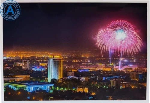 Altyn Adam postcard, Almaty, Kazakhstan hotel and fireworks