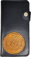 Altyn Adam wallet made of leather, black with yellow round pattern