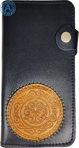 Altyn Adam wallet made of leather, black with yellow round pattern