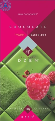 Alma Chocolates white chocolate bar, matcha tea and raspberry, 100 g