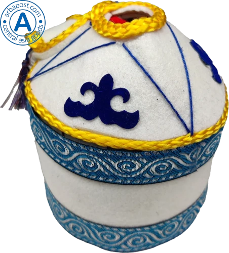 Altyn Adam yurt made of felt with gold threads, blue braid and pattern photo 3