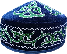 Altyn Adam cap made of velvet, short, blue with white-green pattern