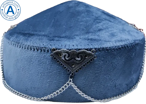 Altyn Adam cap made of velvet, short, dark blue with triangular metal pattern photo 3