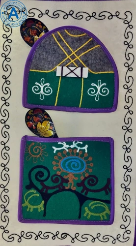 Altyn Adam picture made of felt, triple, green yurt-orange man on green background photo 2