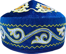 Altyn Adam cap made of velvet, short, blue with white-orange-yellow pattern